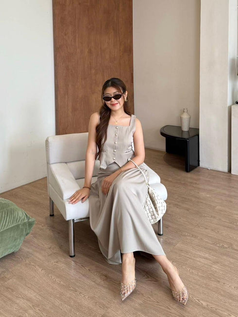 Square Neckline Button Down Sleeves Tops With Skirts Sets